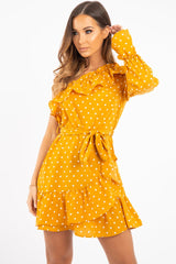 Mustard and White Polka Dot One Shoulder Frill Dress - Zyann-Dresses