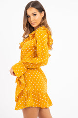 Mustard and White Polka Dot One Shoulder Frill Dress - Zyann-Dresses