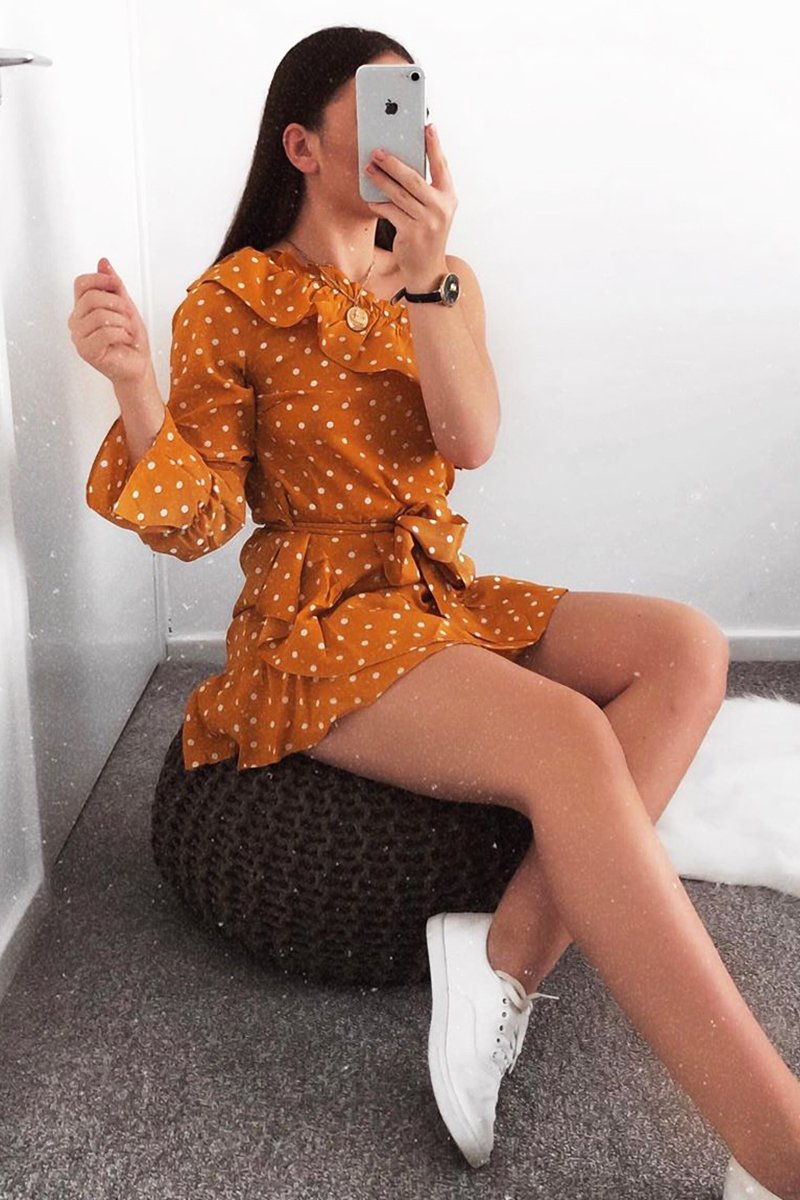 Mustard and White Polka Dot One Shoulder Frill Dress - Zyann-Dresses