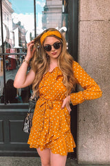 Mustard and White Polka Dot One Shoulder Frill Dress - Zyann-Dresses