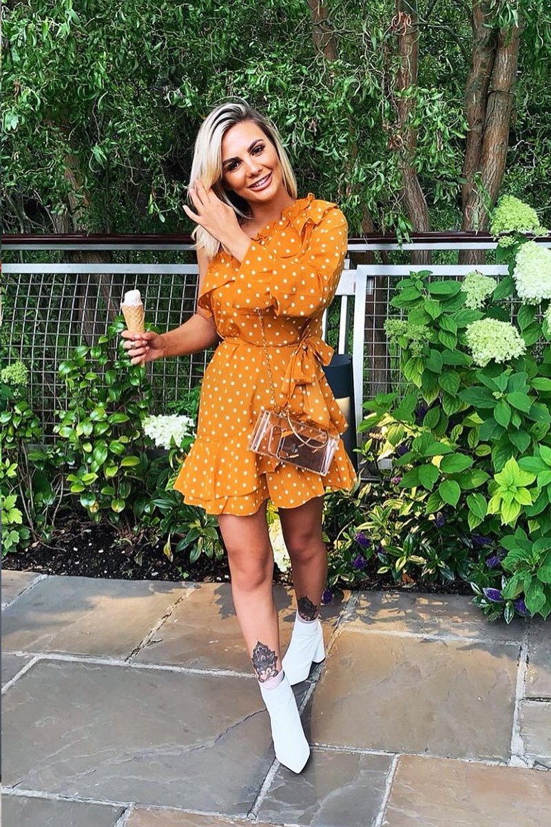 Mustard and White Polka Dot One Shoulder Frill Dress - Zyann-Dresses