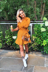 Mustard and White Polka Dot One Shoulder Frill Dress - Zyann-Dresses