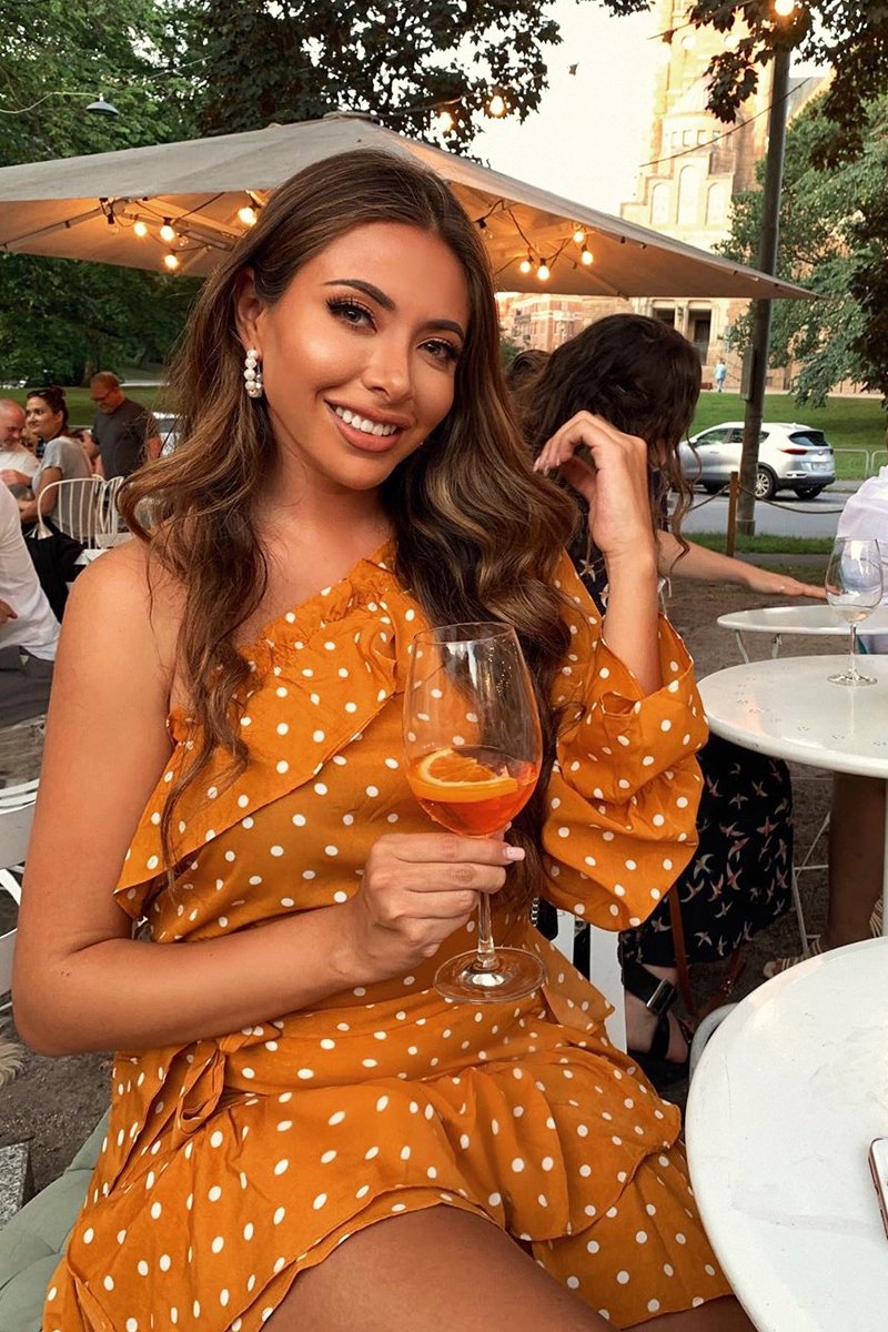 Mustard and White Polka Dot One Shoulder Frill Dress - Zyann-Dresses