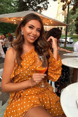 Mustard and White Polka Dot One Shoulder Frill Dress - Zyann-Dresses