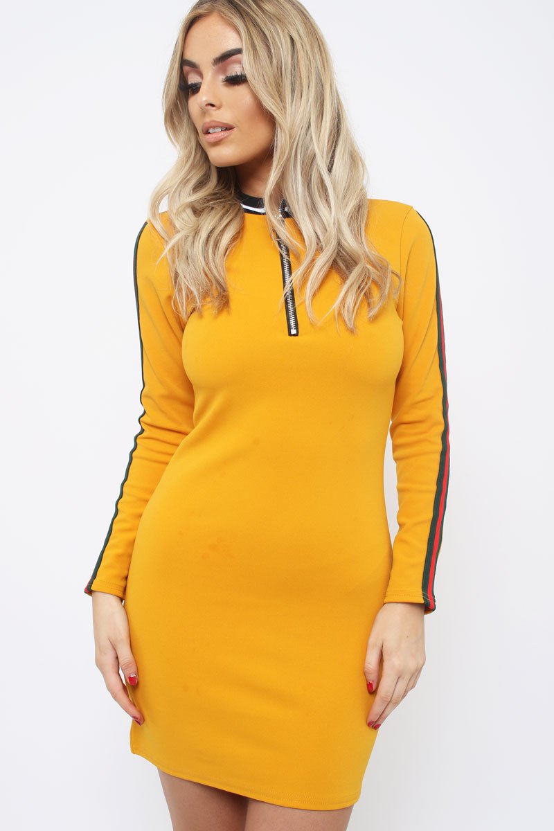 Mustard bodycon dress with stripe detail - Bryonna Rebellious Fashion Mustard bodycon dress with stripe detail - Bryonna Rebellious Fashion