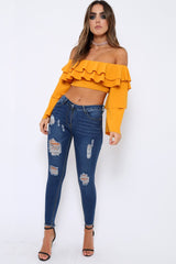 Mustard extreme Layered Frill Bardot Crop Top - Nevaeh-Crop Tops
