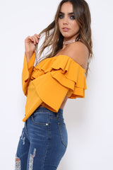 Mustard extreme Layered Frill Bardot Crop Top - Nevaeh-Crop Tops