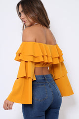 Mustard extreme Layered Frill Bardot Crop Top - Nevaeh-Crop Tops