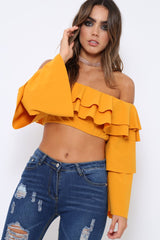 Mustard extreme Layered Frill Bardot Crop Top - Nevaeh-Crop Tops