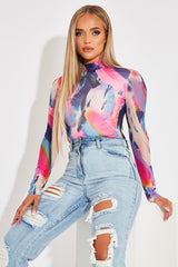 Mutli Abstract Print High Neck Bodysuit - Verity-Bodysuits