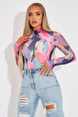 Mutli Abstract Print High Neck Bodysuit - Verity-Bodysuits