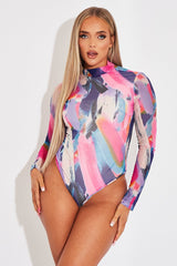Mutli Abstract Print High Neck Bodysuit - Verity-Bodysuits