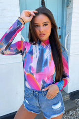 Mutli Abstract Print High Neck Bodysuit - Verity-Bodysuits