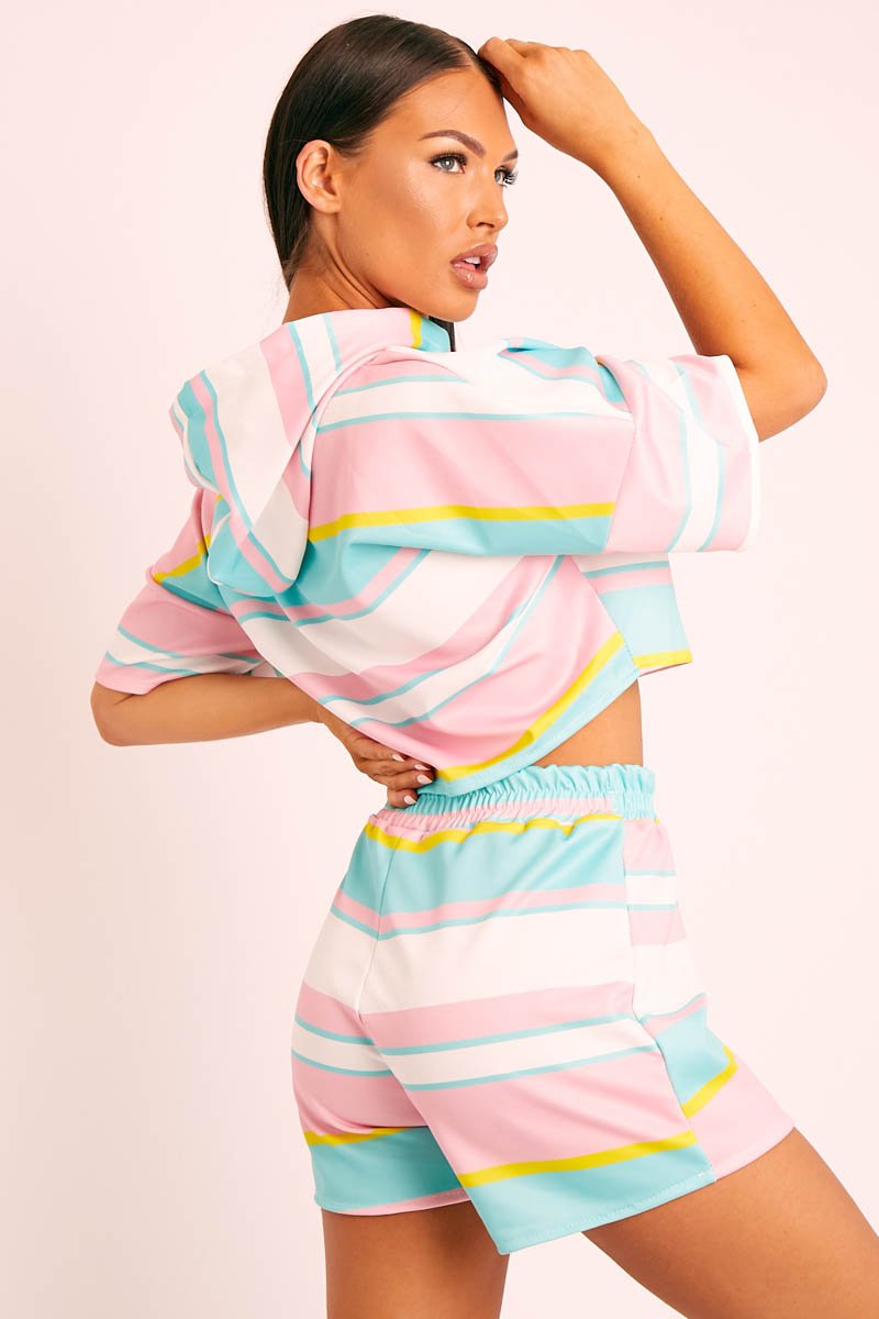 Mutli Pastel Stripe Hoodie Shorts Loungewear Co-ord - Kamaria-Co-ords