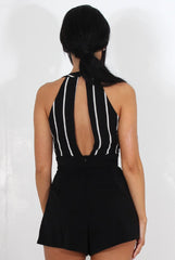 Myles Black Striped V Neck Playsuit-Playsuits