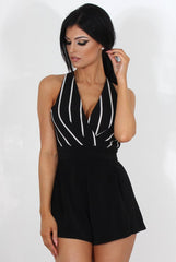 Myles Black Striped V Neck Playsuit-Playsuits