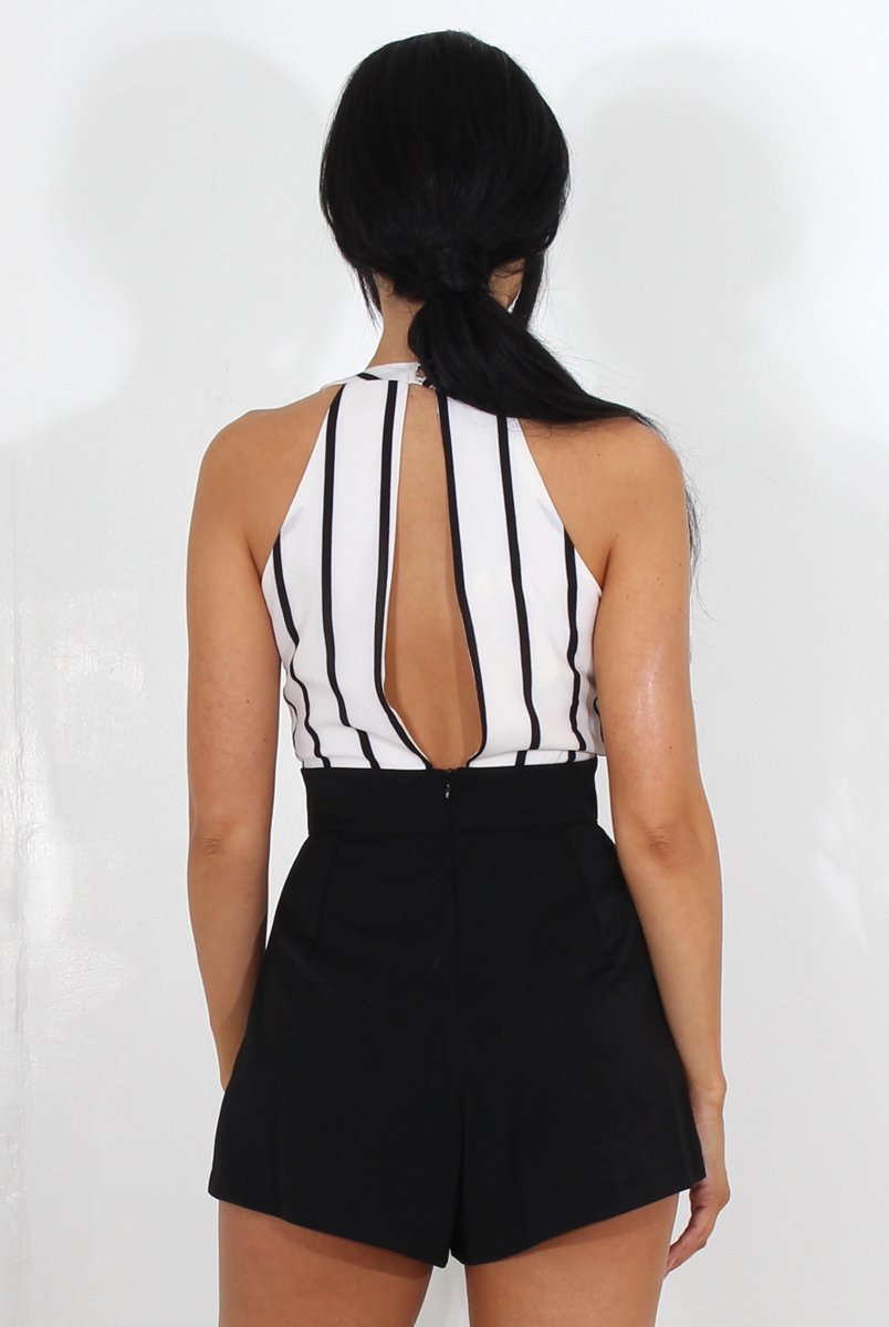 Myles White Striped V Neck Playsuit-Playsuits