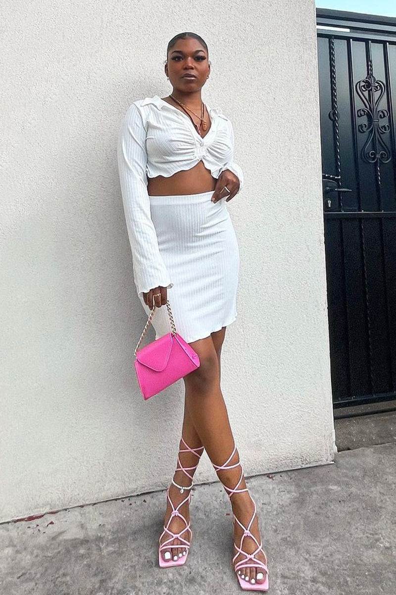 White Rib Button Up Crop Top & Mini Skirt Set - Neha