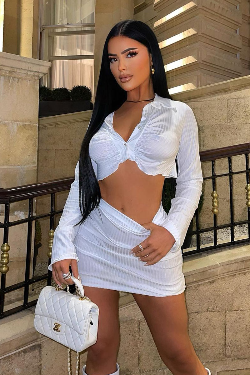 White Rib Button Up Crop Top & Mini Skirt Set - Neha
