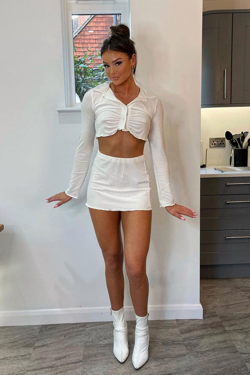 White Rib Button Up Crop Top & Mini Skirt Set - Neha