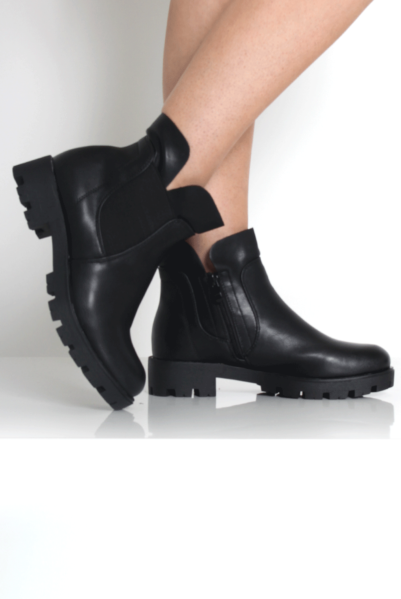 Nadia Black PU Side Zip Ankle Boots-Boots