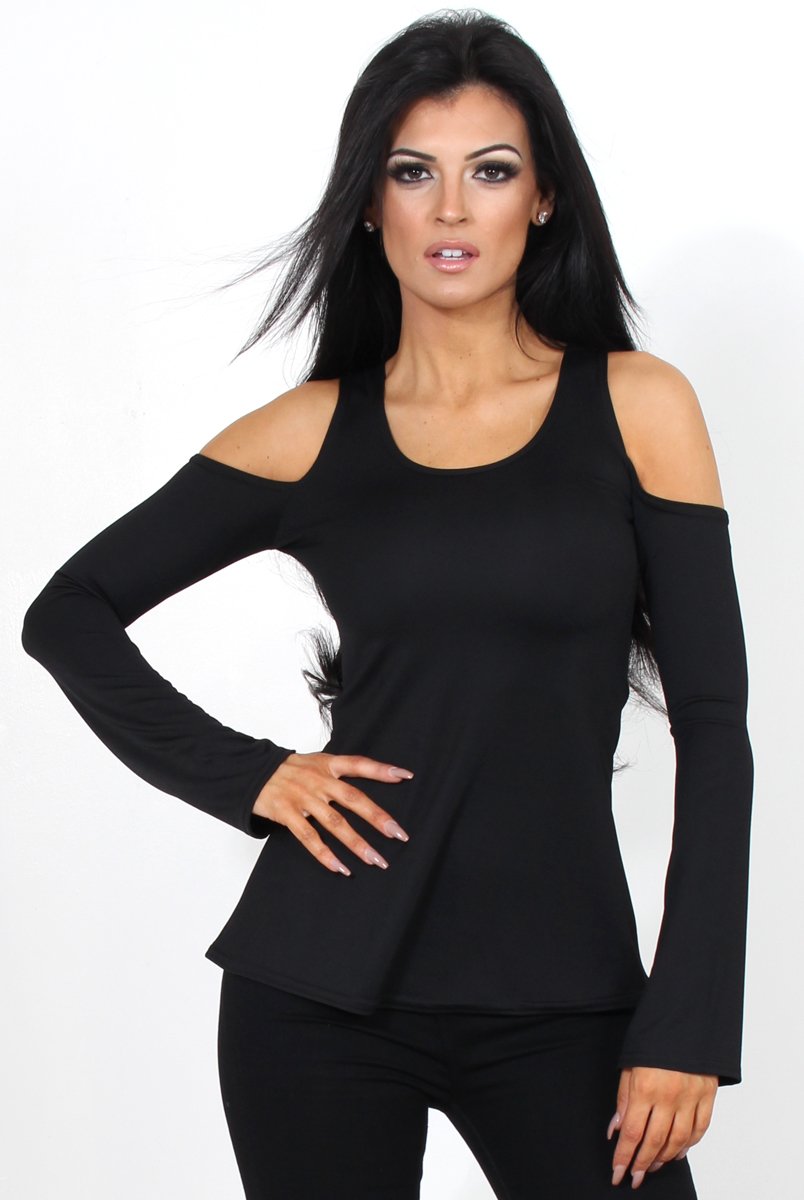Nancy Black Cold Shoulder Top-Tops