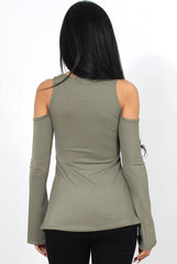 Nancy Khaki Cold Shoulder Top-Tops