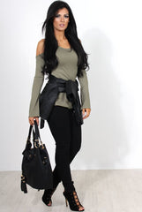 Nancy Khaki Cold Shoulder Top-Tops