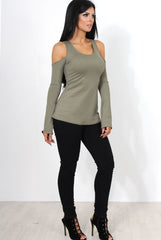 Nancy Khaki Cold Shoulder Top-Tops