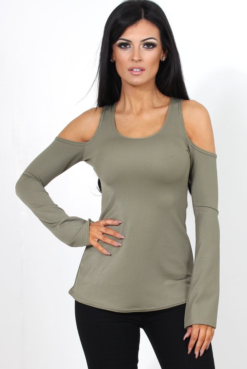 Nancy Khaki Cold Shoulder Top-Tops