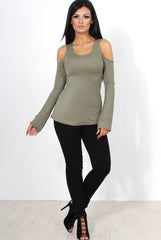 Nancy Khaki Cold Shoulder Top-Tops