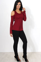 Nancy Wine Cold Shoulder Top-Tops