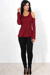 Nancy Wine Cold Shoulder Top-Tops