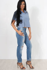 Narz Blue Cropped Button Up Shirt-Shirts