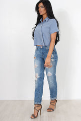 Narz Blue Cropped Button Up Shirt-Shirts