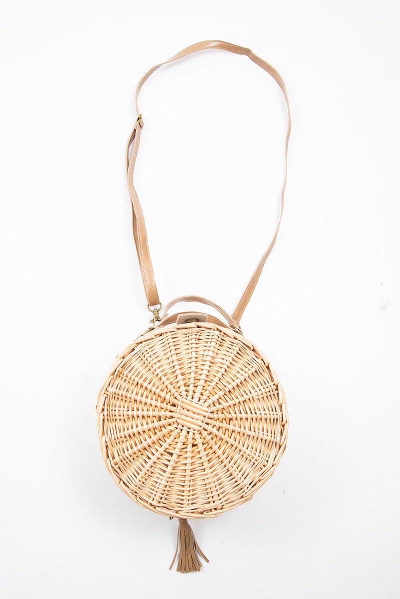 Natural Straw Faux Leather Detail Circle Bag - Ambrey-Bags