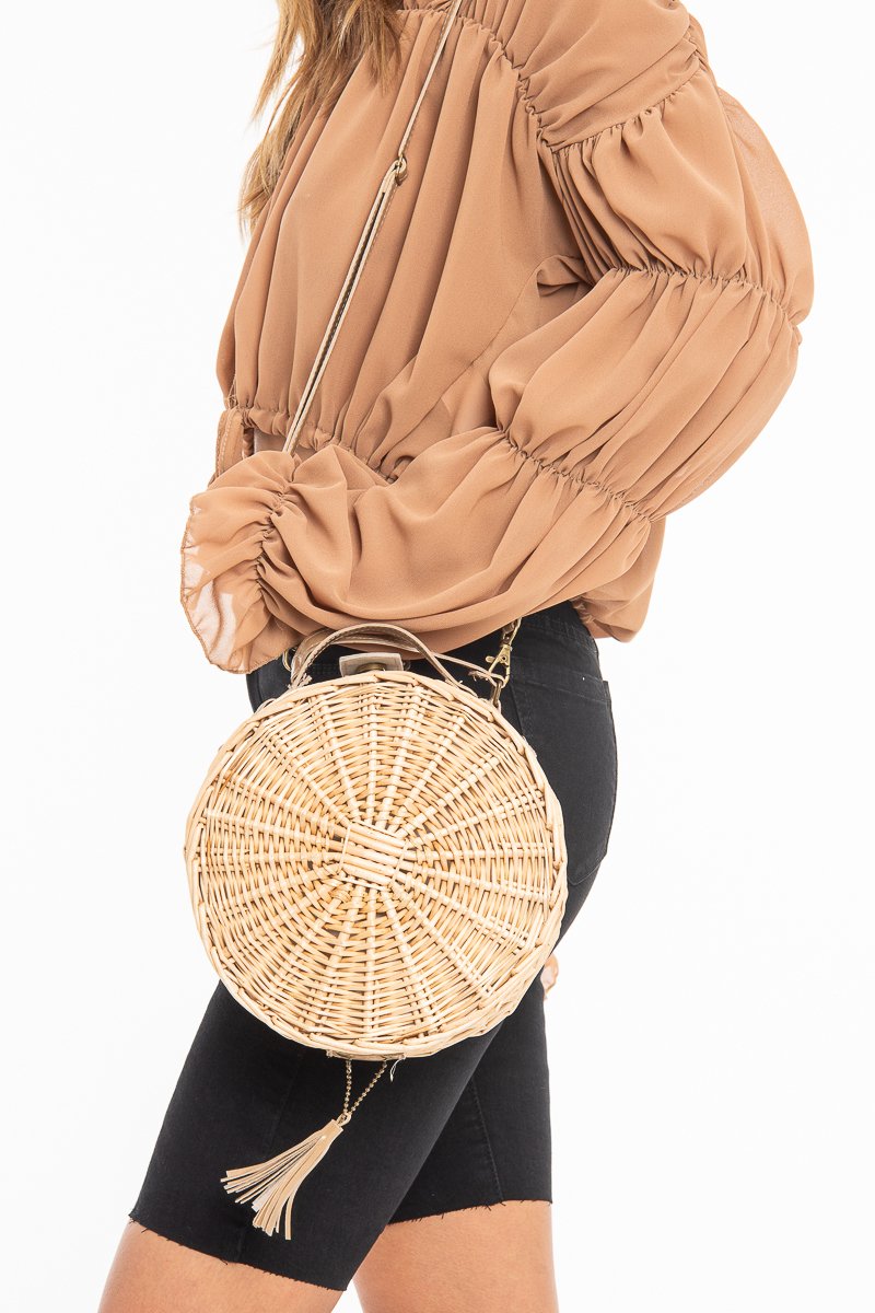 Natural Straw Faux Leather Detail Circle Bag - Ambrey-Bags