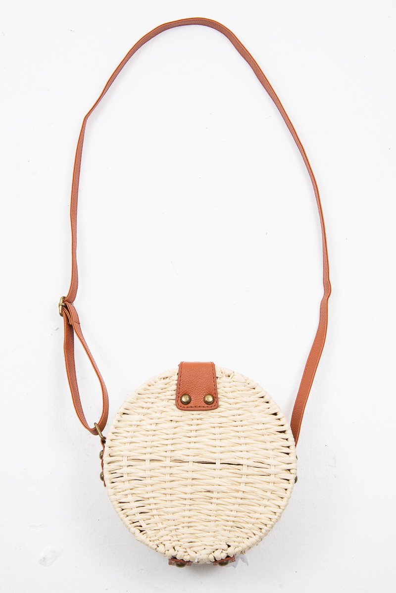 Natural Woven Faux Leather Detail Round Bag - Dionne-Bags