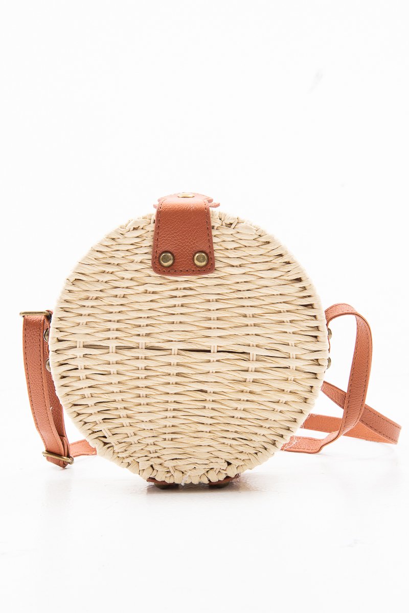 Natural Woven Faux Leather Detail Round Bag - Dionne-Bags