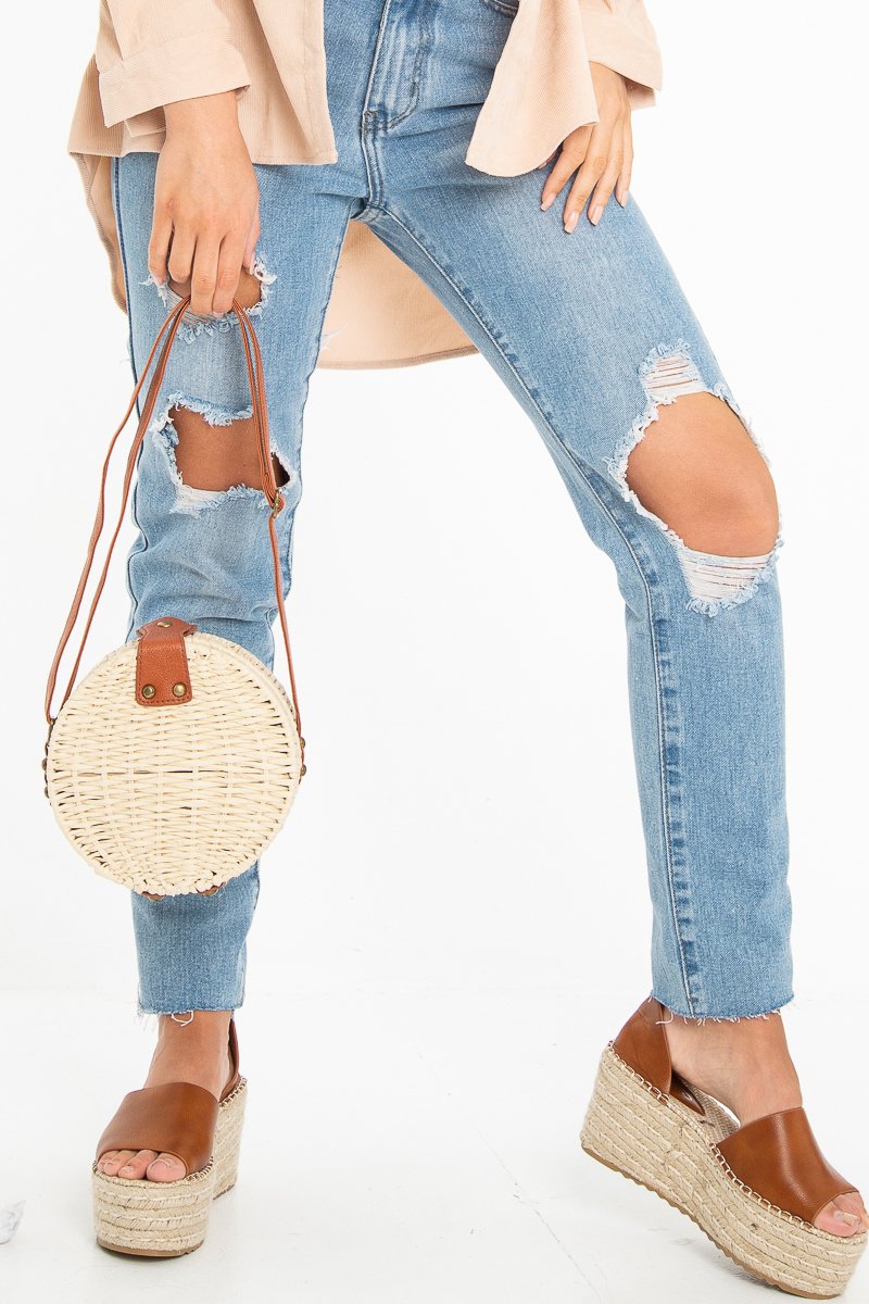 Natural Woven Faux Leather Detail Round Bag - Dionne-Bags