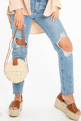 Natural Woven Faux Leather Detail Round Bag - Dionne-Bags