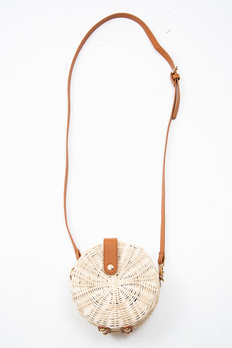 Natural Woven Faux Leather Detail Round Bag - Eylise-Bags