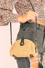 Natural Woven Faux Leather Detail Semi Circle Bag - Devyn-Bags