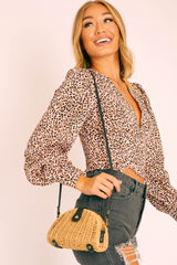 Natural Woven Faux Leather Detail Semi Circle Bag - Devyn-Bags