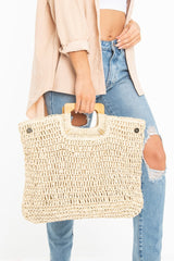 Natural Woven Knot Detail Wooden Handle Bag - Alleria-Bags