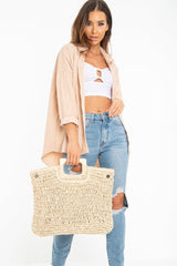 Natural Woven Knot Detail Wooden Handle Bag - Alleria-Bags