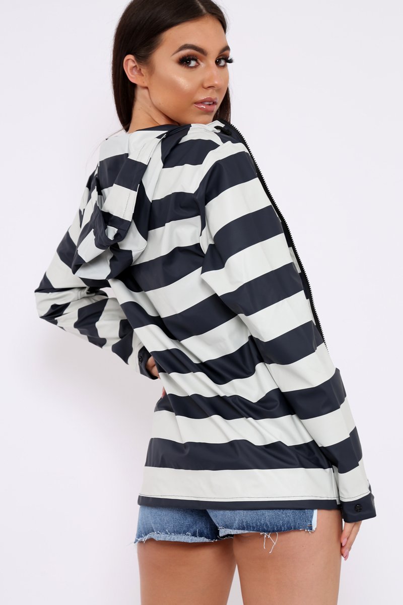 Navy And White Stripe Hooded Rain Mac - Haru-Jackets