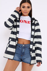 Navy And White Stripe Hooded Rain Mac - Haru-Jackets