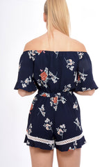 Navy Bardot Floral Playsuit - Estee-Playsuits