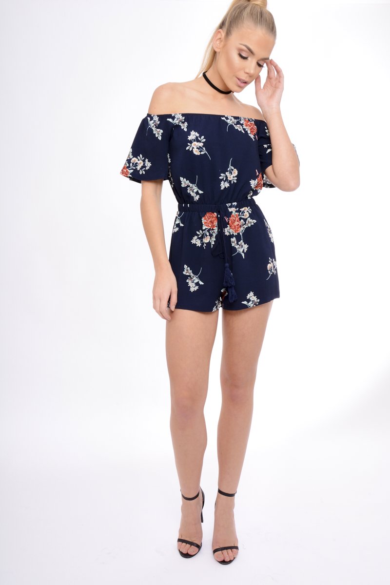 Navy Bardot Floral Tassel Playsuit - Keren-Playsuits